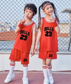 Summer Children&#39;s Basketball Uniform Suit Boys And Girls Jersey Chinese Team Student Uniform Sport Wear Suit (Color: Red Bulls, size: 130CM)