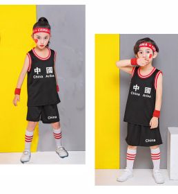 Summer Children&#39;s Basketball Uniform Suit Boys And Girls Jersey Chinese Team Student Uniform Sport Wear Suit (Color: Black China, size: 160CM)