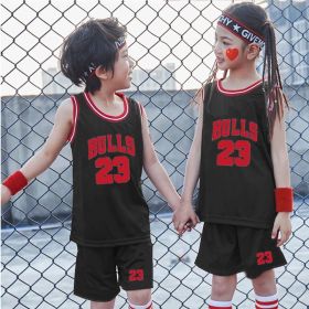 Summer Children&#39;s Basketball Uniform Suit Boys And Girls Jersey Chinese Team Student Uniform Sport Wear Suit (Color: Black Bulls, size: 160CM)