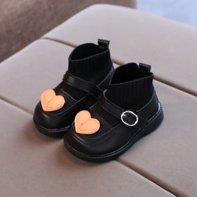 Love Heart Baby Girl Shoes Casual Knitted Infant Walkers Winter Soft Bottom Ankle Boots Plush Warm Snow Boots Kids Sock Shoes (Color: Black, size: 24(Insole 15cm))