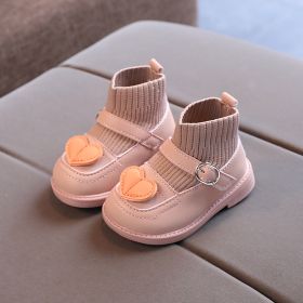 Love Heart Baby Girl Shoes Casual Knitted Infant Walkers Winter Soft Bottom Ankle Boots Plush Warm Snow Boots Kids Sock Shoes (Color: Pink, size: 17(Insole 13cm))