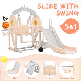 Toddler Slide and Swing Set 5 in 1, Kids Playground Climber Slide Playset with Basketball Hoop Freestanding Combination for Babies Indoor & Outdoor (Color: Pink)