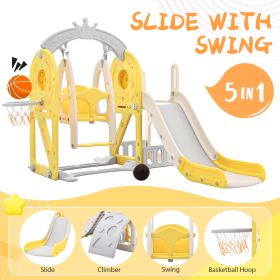 Toddler Slide and Swing Set 5 in 1, Kids Playground Climber Slide Playset with Basketball Hoop Freestanding Combination for Babies Indoor & Outdoor (Color: Yellow)