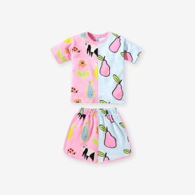 Baby Girl Fruit Pattern Colorblock Design Summer Clothing Sets (Color: Pink, Size/Age: 90 (12-24M))